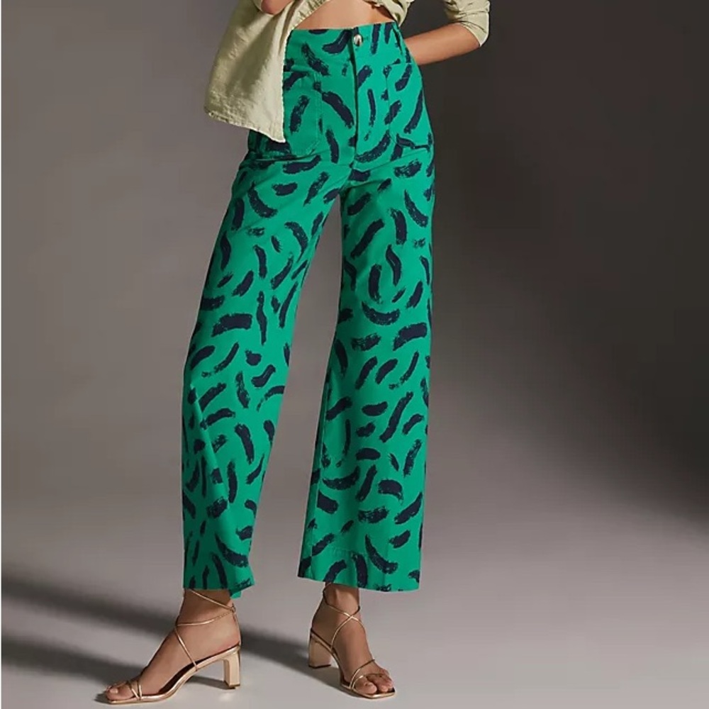 Maeve Green Patterned Wide-Leg Trousers